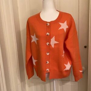 Very pretty knit cardigan, nwot, no label, orange with white stars, size large